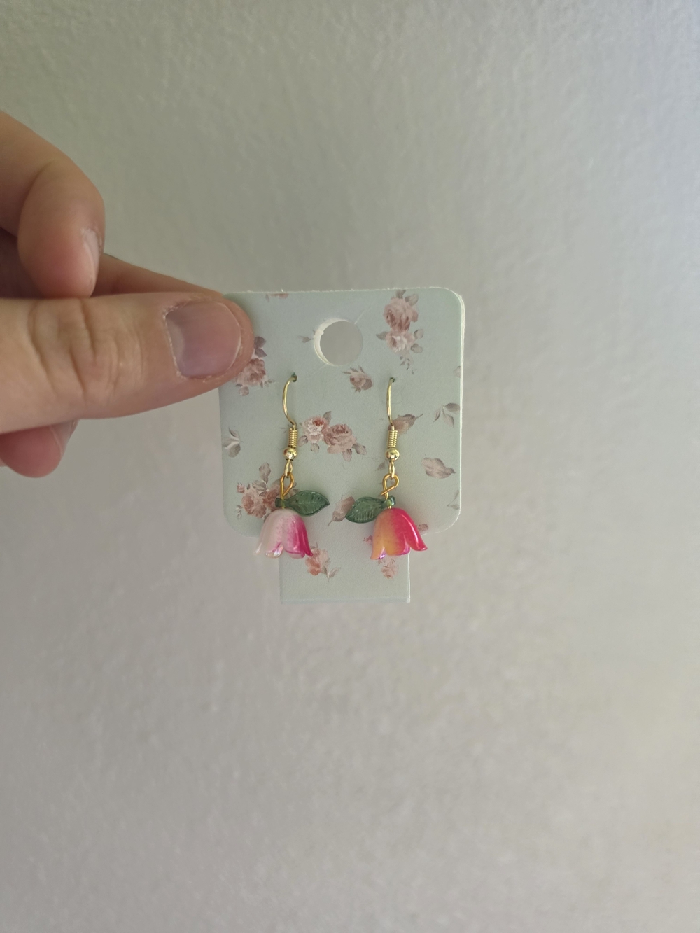 Pink Floral Drop Earrings with Green Leaves